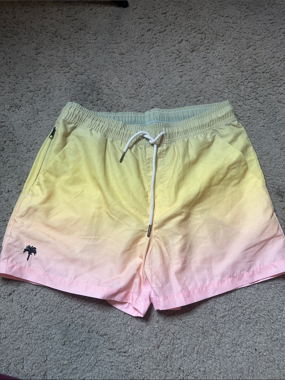 OAS Men's Yellow to Pink Gradient Swim Shorts with Palm Embroidery MEDIUM EUC